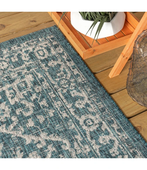 Malta Bohemian Medallion Textured Weave Teal/Gray 2 ft. x 10 ft. Indoor/Outdoor Runner Rug
