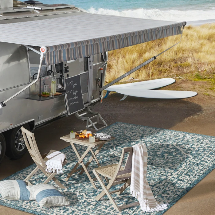 Malta Bohemian Medallion Textured Weave Teal/Gray 5' Square Indoor/Outdoor Area Rug