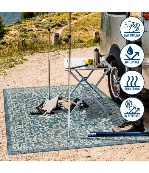 Malta Bohemian Medallion Textured Weave Teal/Gray 2 ft. x 10 ft. Indoor/Outdoor Runner Rug