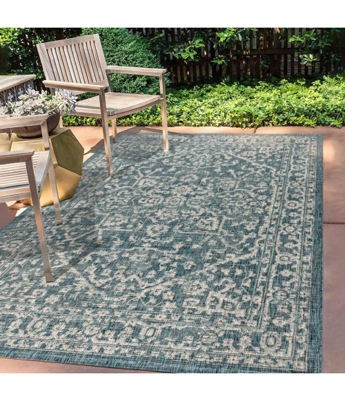 Malta Bohemian Medallion Textured Weave Teal/Gray 8 ft. x 10 ft. Indoor/Outdoor Area Rug