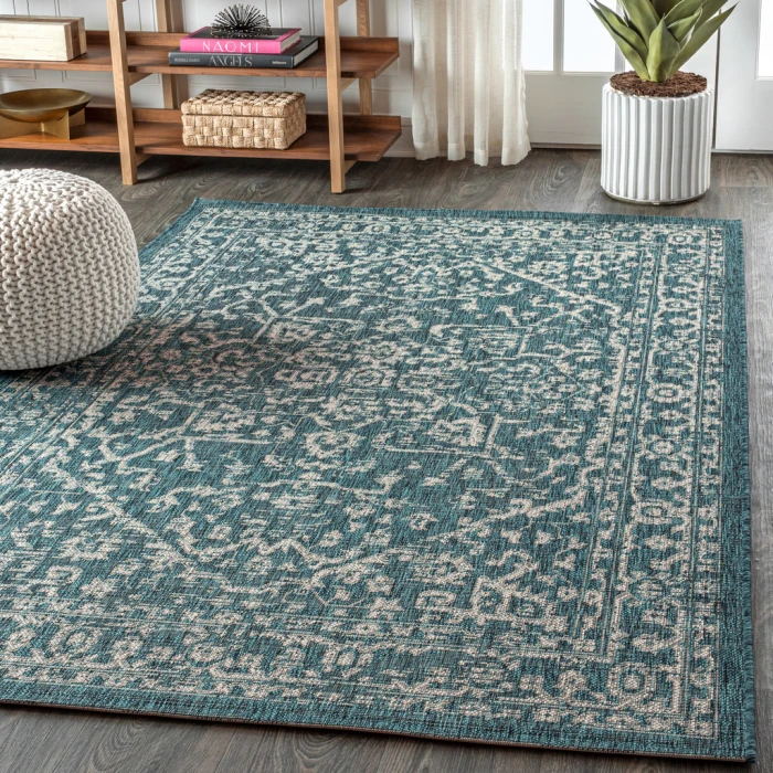 Malta Bohemian Medallion Textured Weave Teal/Gray 4 ft. x 6 ft. Indoor/Outdoor Area Rug