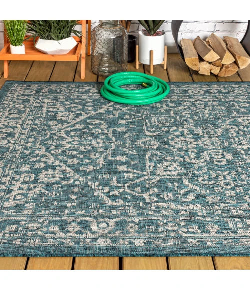 Malta Bohemian Medallion Textured Weave Teal/Gray 8 ft. x 10 ft. Indoor/Outdoor Area Rug