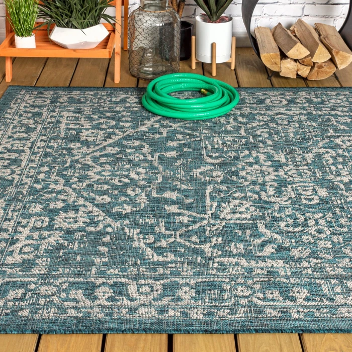 Malta Bohemian Medallion Textured Weave Teal/Gray 4 ft. x 6 ft. Indoor/Outdoor Area Rug