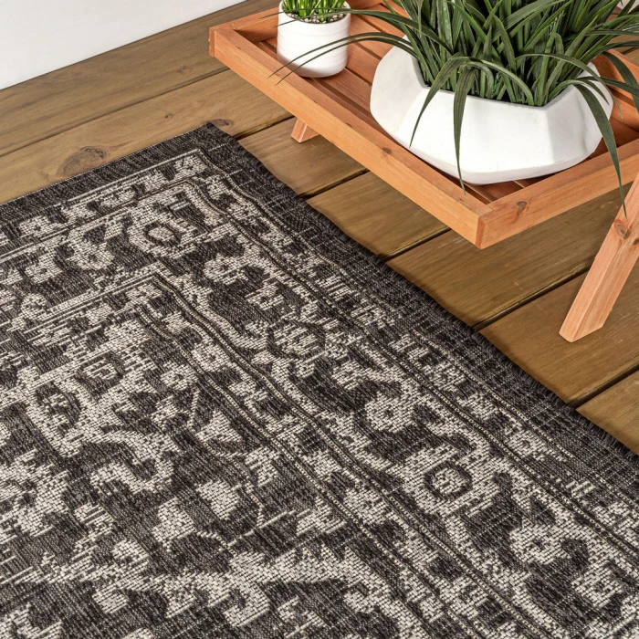 Malta Bohemian Medallion Textured Weave Black/Gray 8 ft. x 10 ft. Indoor/Outdoor Area Rug