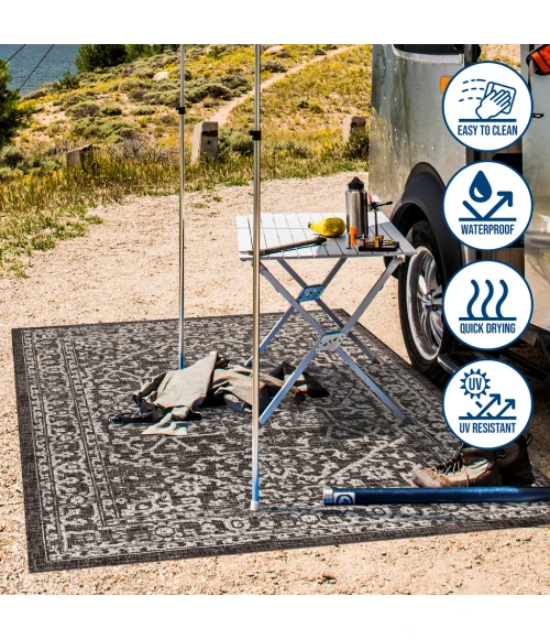 Malta Bohemian Medallion Textured Weave Black/Gray 2 ft. x 8 ft. Indoor/Outdoor Runner Rug