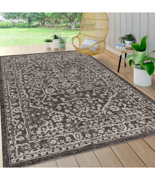Malta Bohemian Medallion Textured Weave Black/Gray 8 ft. x 10 ft. Indoor/Outdoor Area Rug