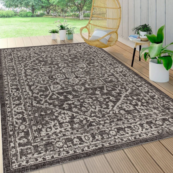 Malta Bohemian Medallion Textured Weave Black/Gray 8 ft. x 10 ft. Indoor/Outdoor Area Rug