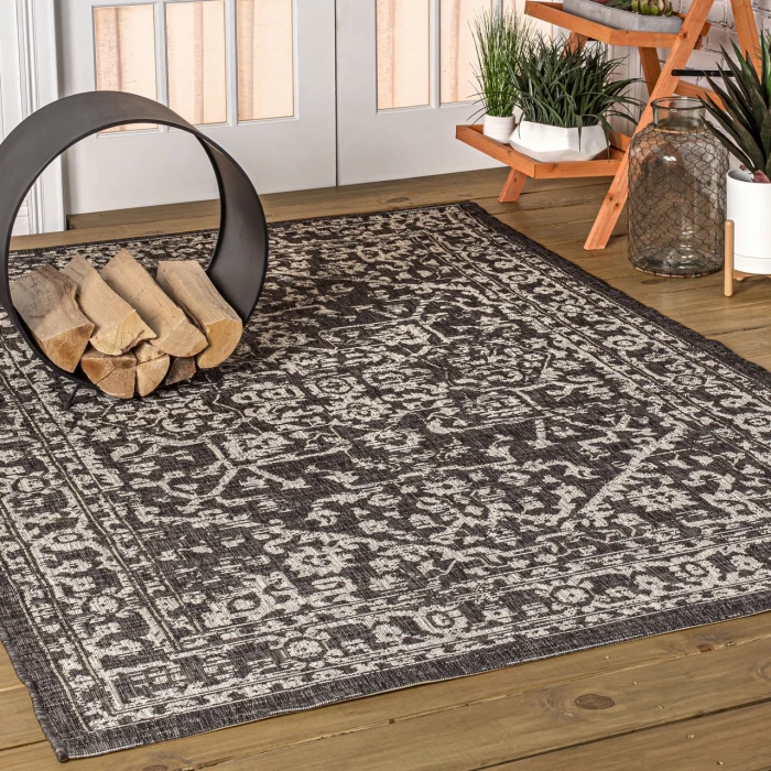 Malta Bohemian Medallion Textured Weave Black/Gray 8 ft. x 10 ft. Indoor/Outdoor Area Rug