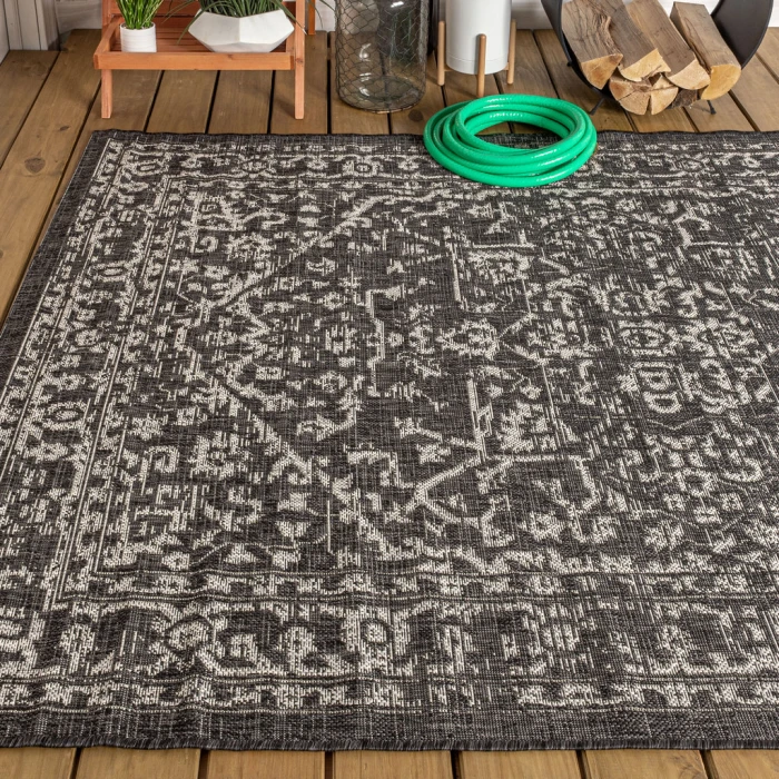 Malta Bohemian Medallion Textured Weave Black/Gray 8 ft. x 10 ft. Indoor/Outdoor Area Rug