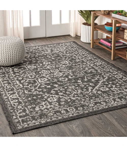 Malta Bohemian Medallion Textured Weave Black/Gray 8 ft. x 10 ft. Indoor/Outdoor Area Rug