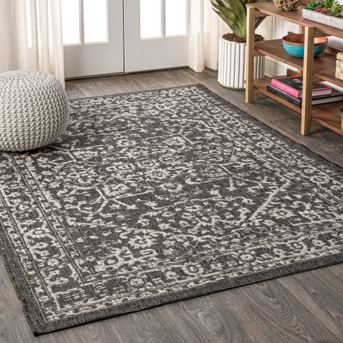 Malta Bohemian Medallion Textured Weave Black/Gray 8 ft. x 10 ft. Indoor/Outdoor Area Rug