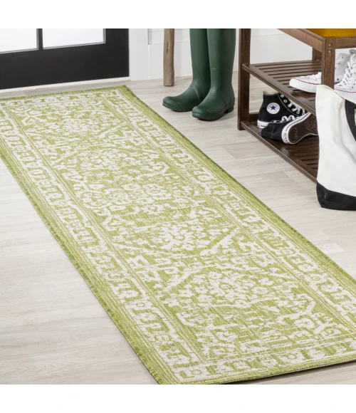 Malta Bohemian Medallion Textured Weave Green/Cream 2 ft. x 10 ft. Indoor/Outdoor Runner Rug