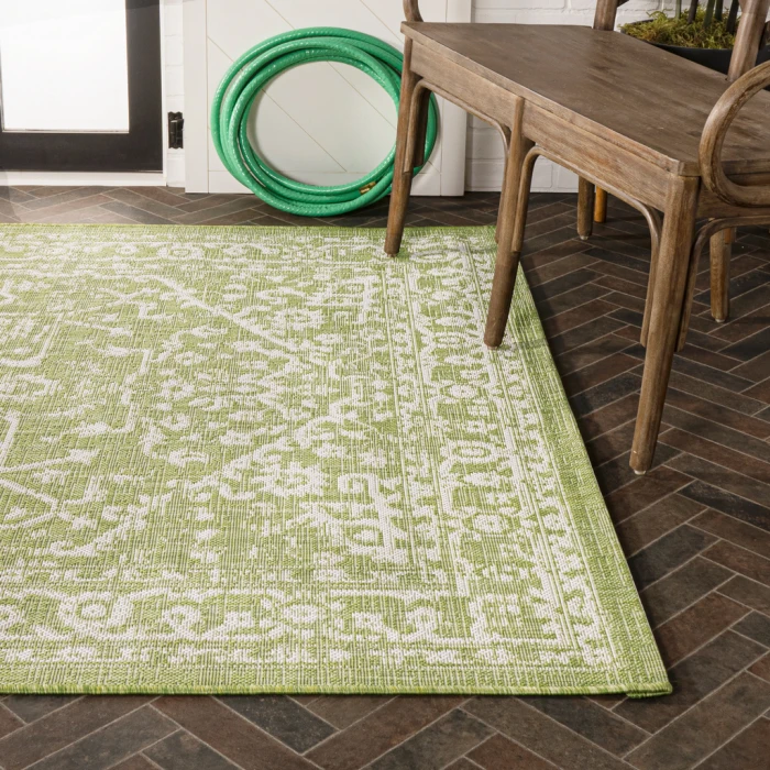 Malta Bohemian Medallion Textured Weave Green/Cream 5 ft. x 8 ft. Indoor/Outdoor Area Rug