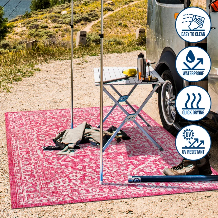 Malta Bohemian Medallion Textured Weave Fuchsia/Light Gray 5' Round Indoor/Outdoor Area Rug