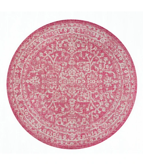 Malta Bohemian Medallion Textured Weave Fuchsia/Light Gray 5' Round Indoor/Outdoor Area Rug