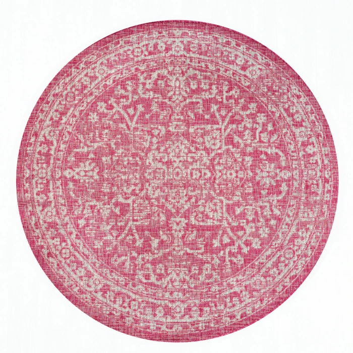 Malta Bohemian Medallion Textured Weave Fuchsia/Light Gray 5' Round Indoor/Outdoor Area Rug