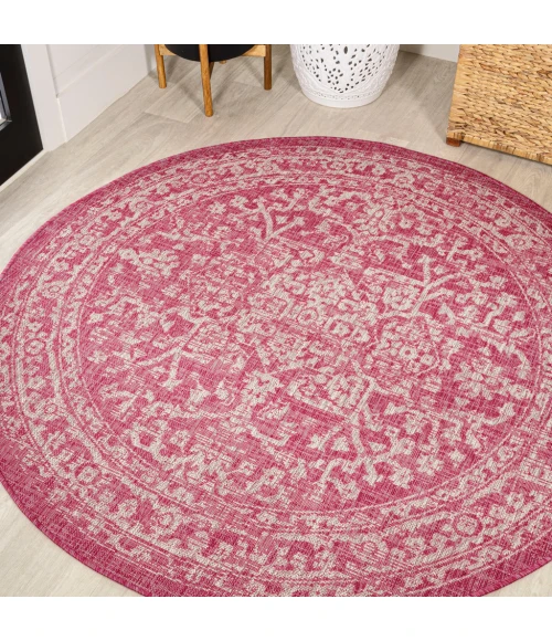 Malta Bohemian Medallion Textured Weave Fuchsia/Light Gray 5' Round Indoor/Outdoor Area Rug