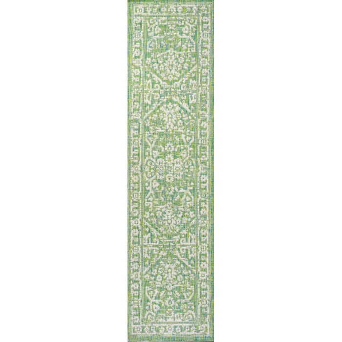 Malta Bohemian Medallion Textured Weave Cream/Green 2 ft. x 8 ft. Indoor/Outdoor Runner Rug