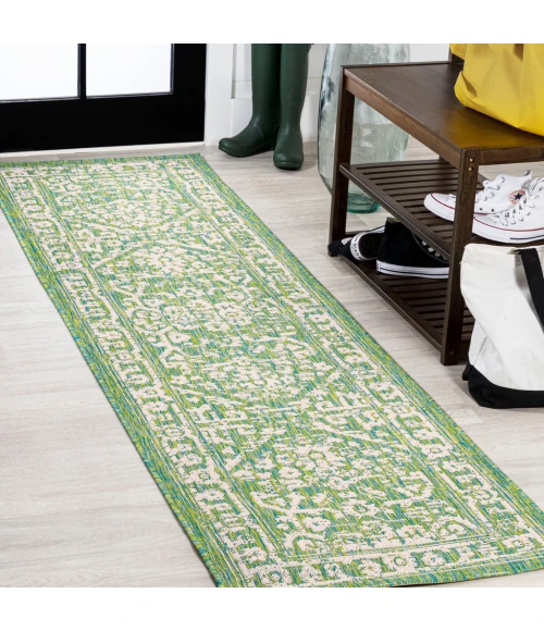 Malta Bohemian Medallion Textured Weave Cream/Green 2 ft. x 10 ft. Indoor/Outdoor Runner Rug