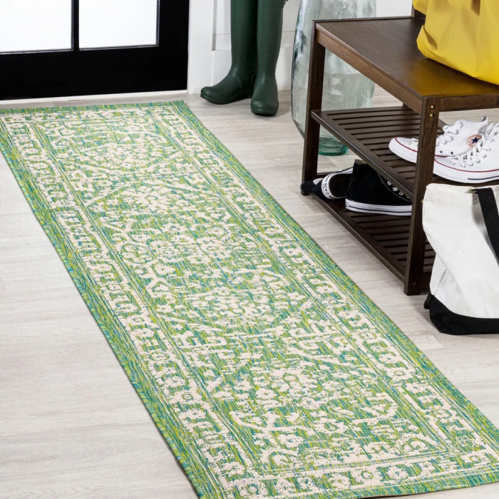 Malta Bohemian Medallion Textured Weave Cream/Green 2 ft. x 8 ft. Indoor/Outdoor Runner Rug