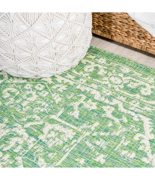 Malta Bohemian Medallion Textured Weave Cream/Green 2 ft. x 10 ft. Indoor/Outdoor Runner Rug