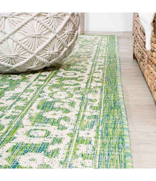 Malta Bohemian Medallion Textured Weave Cream/Green 2 ft. x 10 ft. Indoor/Outdoor Runner Rug