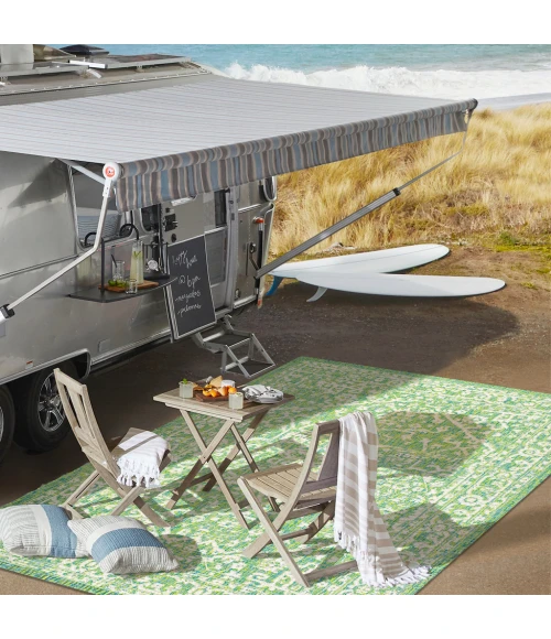 Malta Bohemian Medallion Textured Weave Cream/Green 2 ft. x 10 ft. Indoor/Outdoor Runner Rug