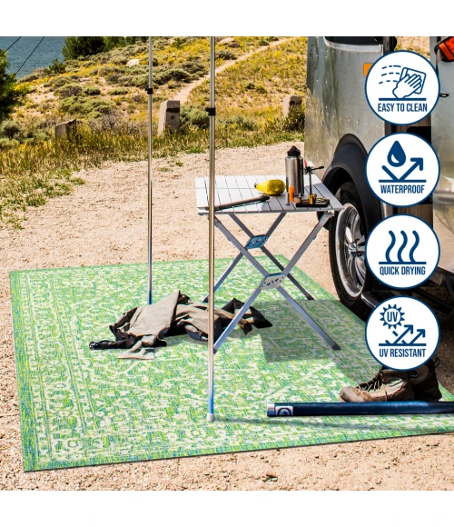 Malta Bohemian Medallion Textured Weave Cream/Green 2 ft. x 10 ft. Indoor/Outdoor Runner Rug