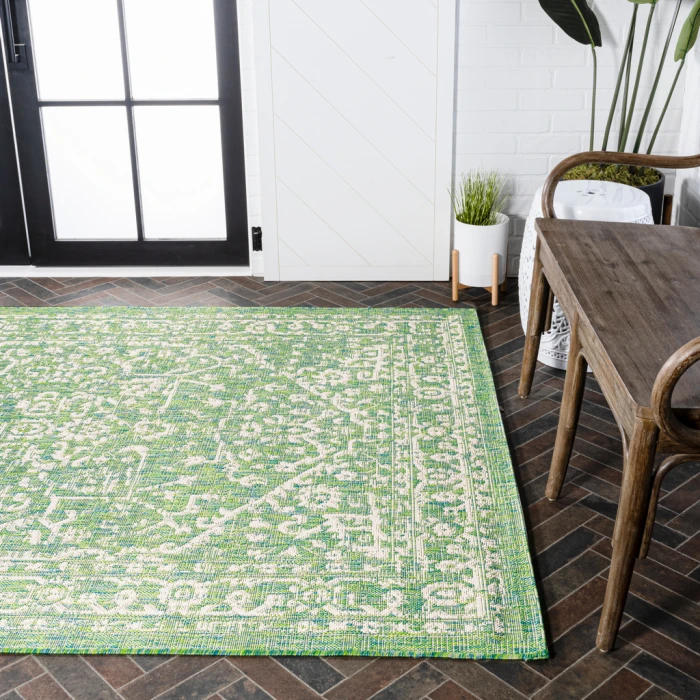 Malta Bohemian Medallion Textured Weave Cream/Green 9 ft. x 12 ft. Indoor/Outdoor Area Rug