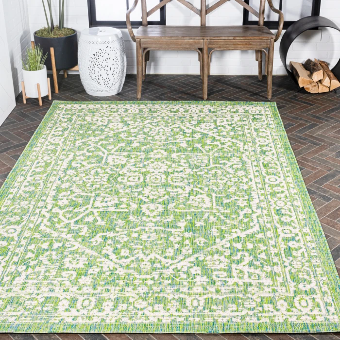 Malta Bohemian Medallion Textured Weave Cream/Green 9 ft. x 12 ft. Indoor/Outdoor Area Rug