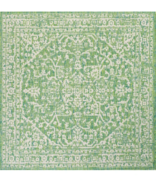 Malta Bohemian Medallion Textured Weave Cream/Green 5' Square Indoor/Outdoor Area Rug