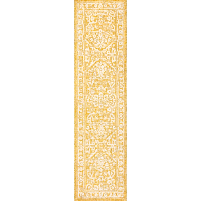 Malta Bohemian Medallion Textured Weave Yellow/Cream 2 ft. x 8 ft. Indoor/Outdoor Runner Rug