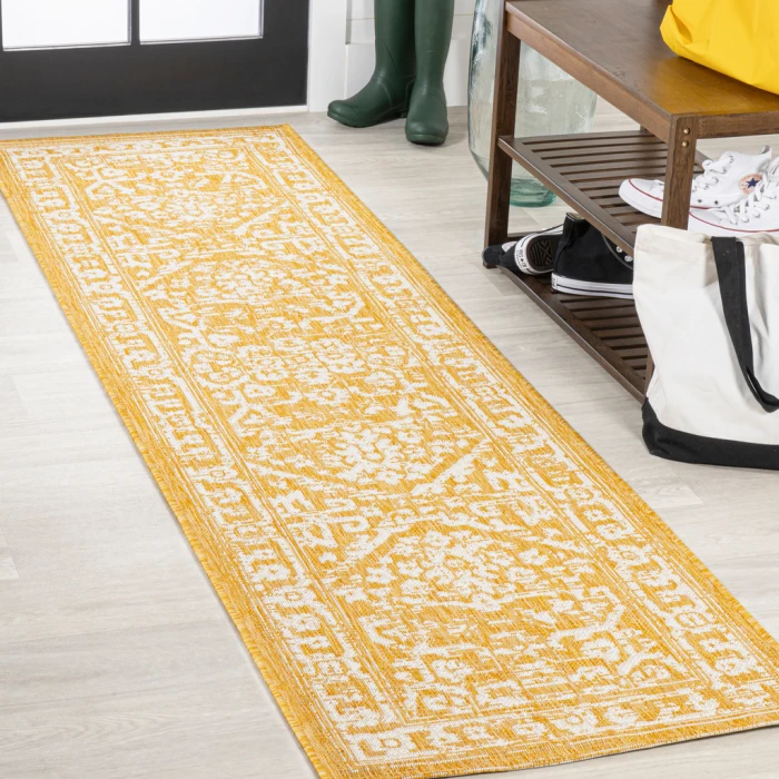 Malta Bohemian Medallion Textured Weave Yellow/Cream 2 ft. x 8 ft. Indoor/Outdoor Runner Rug
