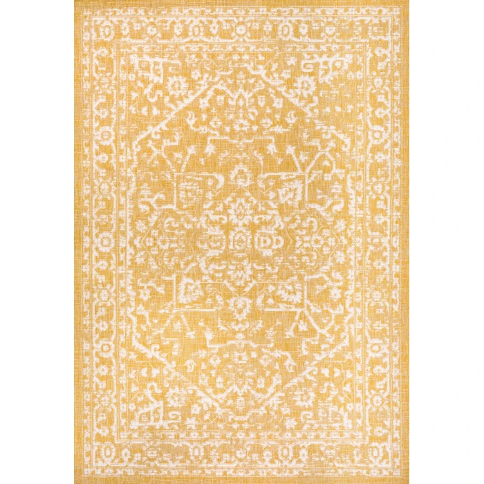 Malta Bohemian Medallion Textured Weave Yellow/Cream 9 ft. x 12 ft. Indoor/Outdoor Area Rug