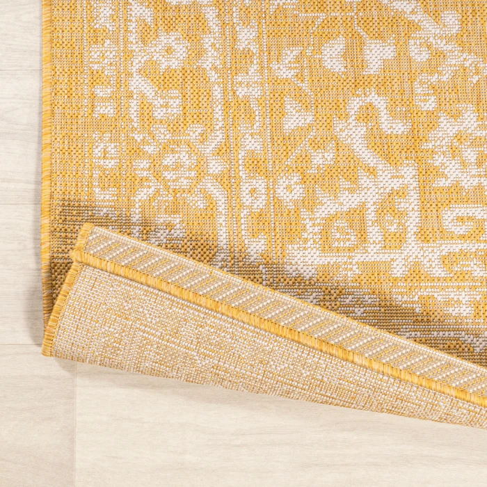 Malta Bohemian Medallion Textured Weave Yellow/Cream 2 ft. x 8 ft. Indoor/Outdoor Runner Rug