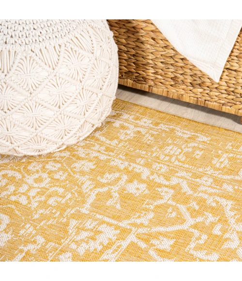 Malta Bohemian Medallion Textured Weave Yellow/Cream 2 ft. x 10 ft. Indoor/Outdoor Runner Rug