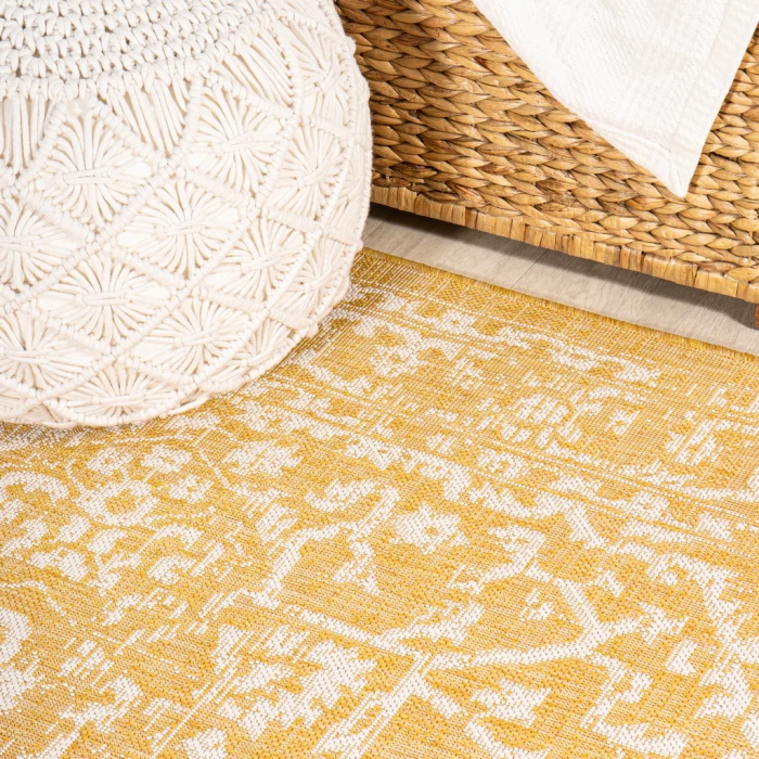Malta Bohemian Medallion Textured Weave Yellow/Cream 2 ft. x 8 ft. Indoor/Outdoor Runner Rug