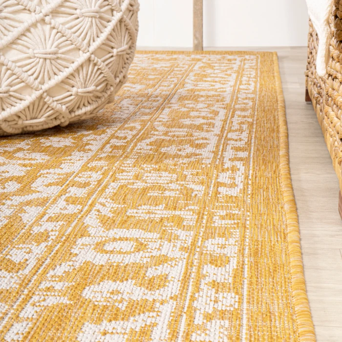 Malta Bohemian Medallion Textured Weave Yellow/Cream 2 ft. x 8 ft. Indoor/Outdoor Runner Rug