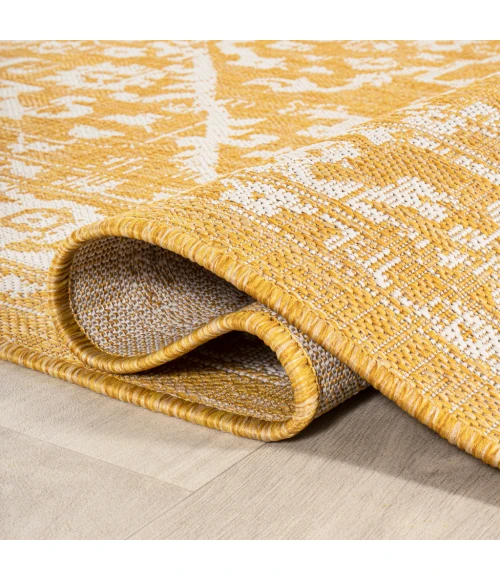 Malta Bohemian Medallion Textured Weave Yellow/Cream 2 ft. x 10 ft. Indoor/Outdoor Runner Rug
