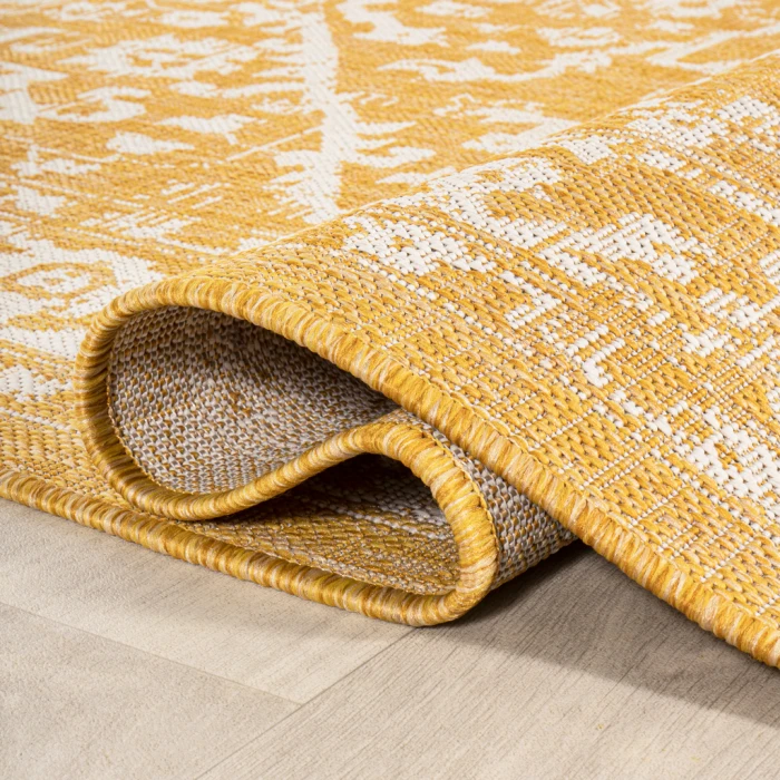 Malta Bohemian Medallion Textured Weave Yellow/Cream 2 ft. x 8 ft. Indoor/Outdoor Runner Rug