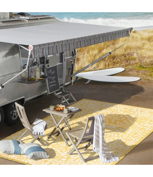 Malta Bohemian Medallion Textured Weave Yellow/Cream 2 ft. x 10 ft. Indoor/Outdoor Runner Rug