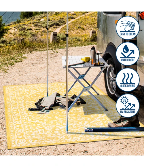 Malta Bohemian Medallion Textured Weave Yellow/Cream 2 ft. x 10 ft. Indoor/Outdoor Runner Rug