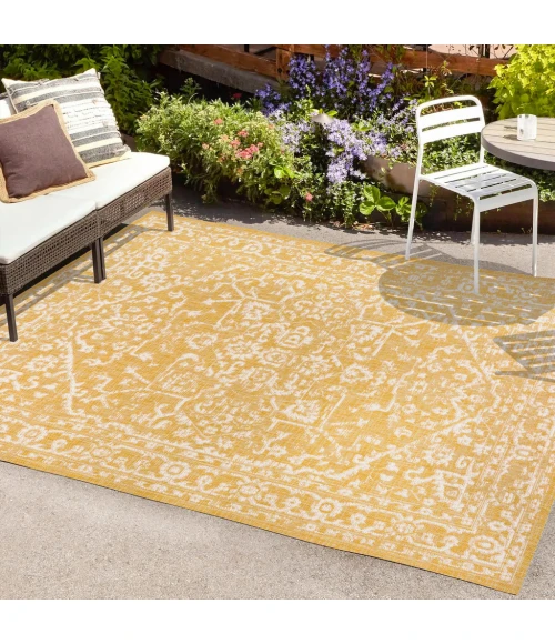 Malta Bohemian Medallion Textured Weave Yellow/Cream 8 ft. x 10 ft. Indoor/Outdoor Area Rug