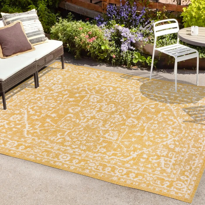 Malta Bohemian Medallion Textured Weave Yellow/Cream 9 ft. x 12 ft. Indoor/Outdoor Area Rug