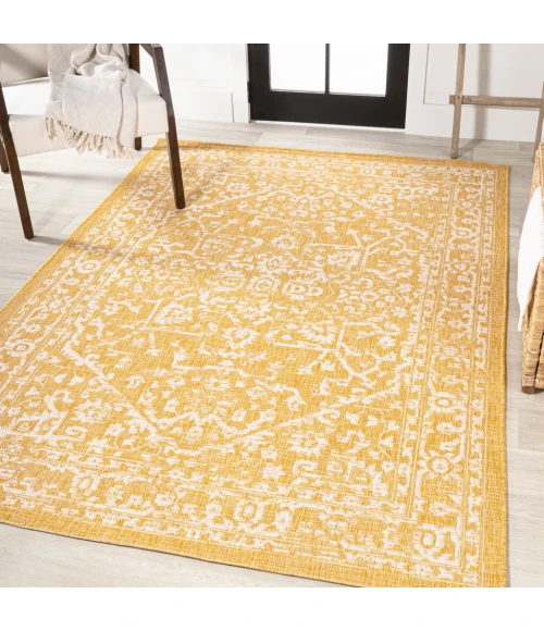 Malta Bohemian Medallion Textured Weave Yellow/Cream 8 ft. x 10 ft. Indoor/Outdoor Area Rug