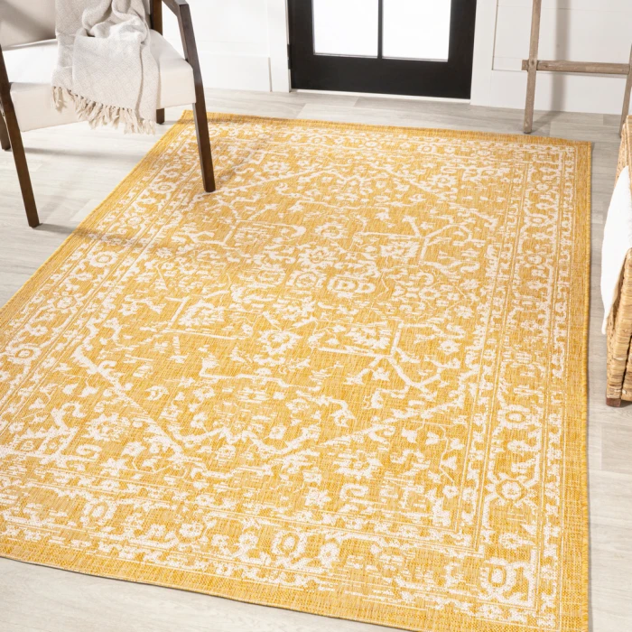 Malta Bohemian Medallion Textured Weave Yellow/Cream 9 ft. x 12 ft. Indoor/Outdoor Area Rug