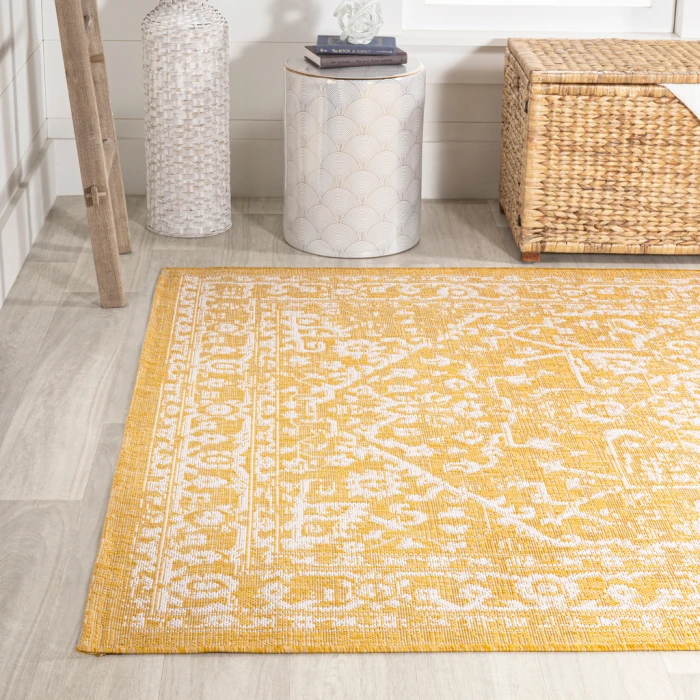 Malta Bohemian Medallion Textured Weave Yellow/Cream 9 ft. x 12 ft. Indoor/Outdoor Area Rug