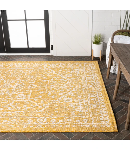 Malta Bohemian Medallion Textured Weave Yellow/Cream 8 ft. x 10 ft. Indoor/Outdoor Area Rug