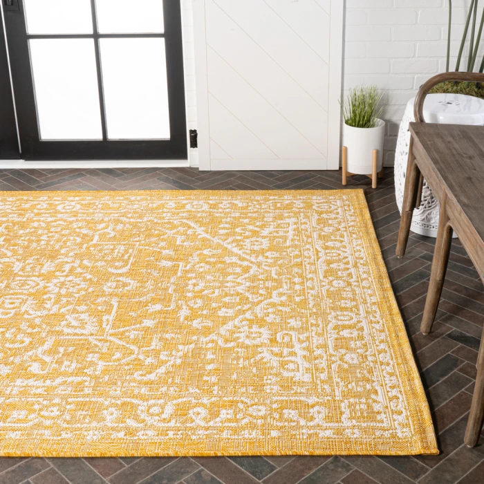 Malta Bohemian Medallion Textured Weave Yellow/Cream 9 ft. x 12 ft. Indoor/Outdoor Area Rug