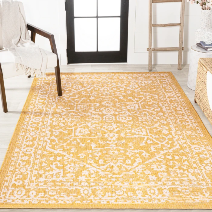 Malta Bohemian Medallion Textured Weave Yellow/Cream 9 ft. x 12 ft. Indoor/Outdoor Area Rug